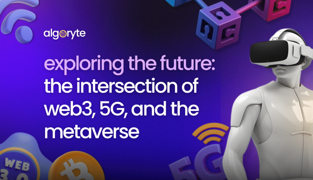 Robot wearing VR headset with Web3 blockchain and 5G symbols representing the future intersection of metaverse technologies