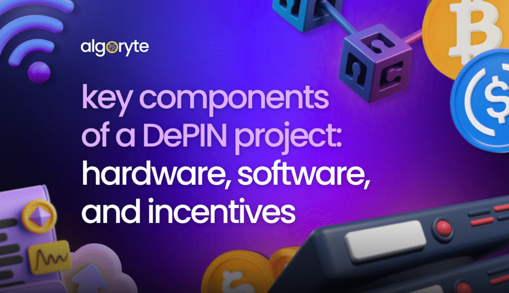 Key Components of a DePIN Project: Hardware, Software, and Incentives Blockchain network symbols with cryptocurrency icons representing key DePIN project components including hardware and software