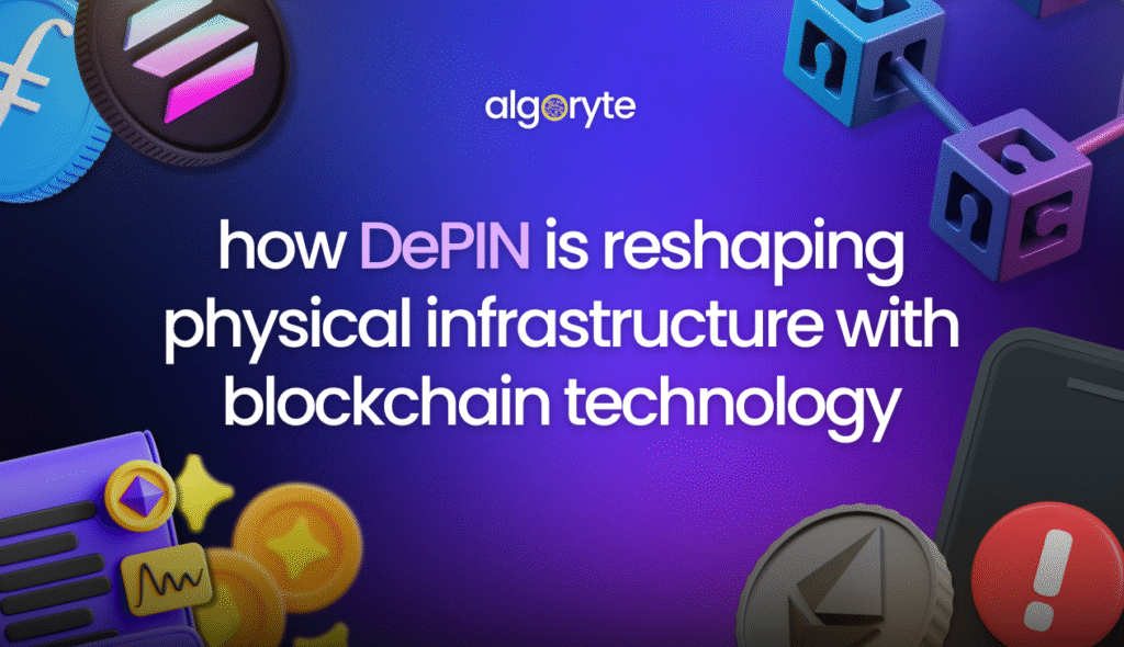 How DePIN is Reshaping Physical Infrastructure with Blockchain Technology Cryptocurrency tokens and blockchain symbols showing how DePIN decentralized networks are transforming physical infrastructure