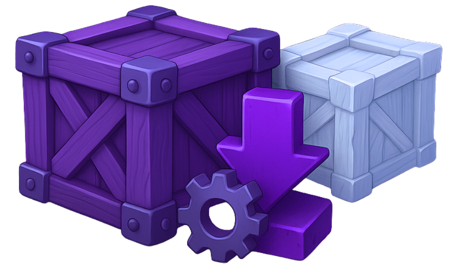 2D game art asset export and delivery in engine-ready formats with wooden crates and download icon for Unity, Unreal, and Godot integration