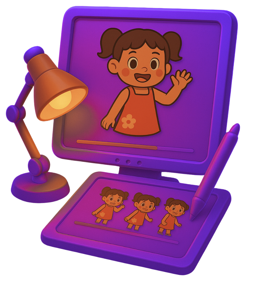 2D game art character animation and sprite creation showing cartoon character design with multiple animation poses and sprite sheets for 2D games