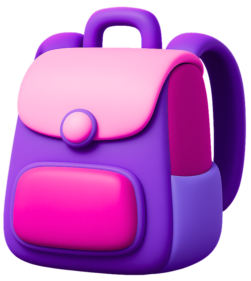 2D game art prop design featuring colorful school backpack with pink and purple colors, pockets, and straps for educational game assets