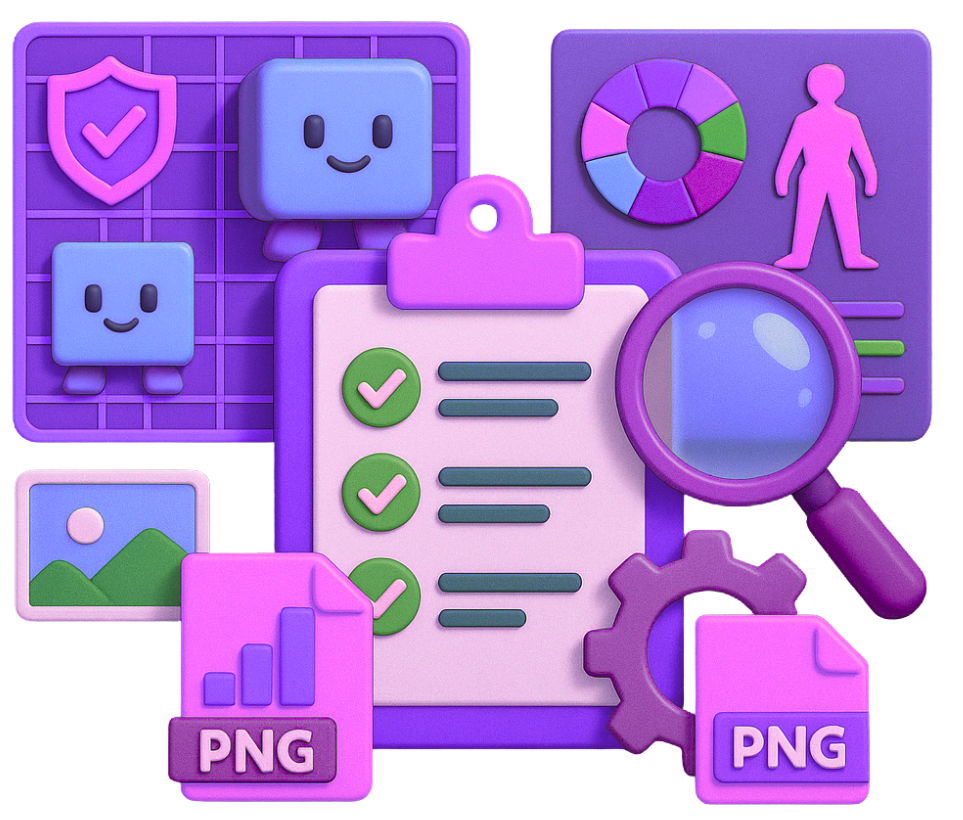 2D game art quality assurance and optimization process with checklist, magnifying glass, testing tools, and PNG asset management