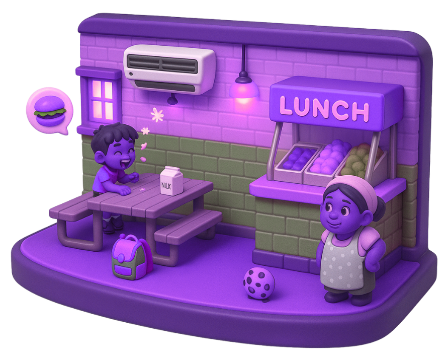 2D game art environment scene showing school canteen with lunch counter, characters, tables, and detailed interior design for educational games