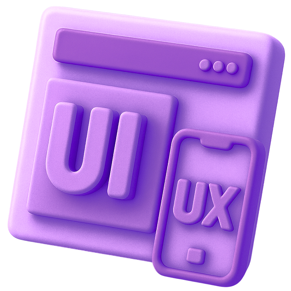 2D game art UI UX design interface with purple navigation elements, menu bars, mobile screen, and user experience components