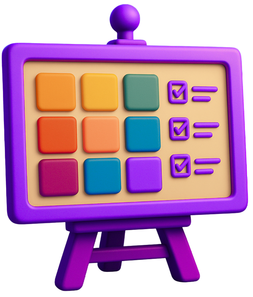 2D games art style guide and finalization with color palette swatches, checkboxes, and easel board showing approved visual guidelines for game development