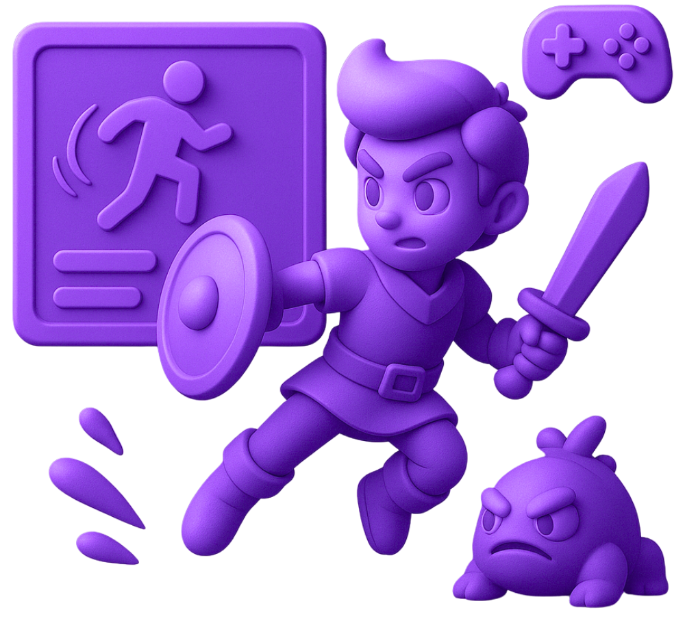 3D games character animation with purple hero holding sword, enemy character, game controller, and UI elements for action game design