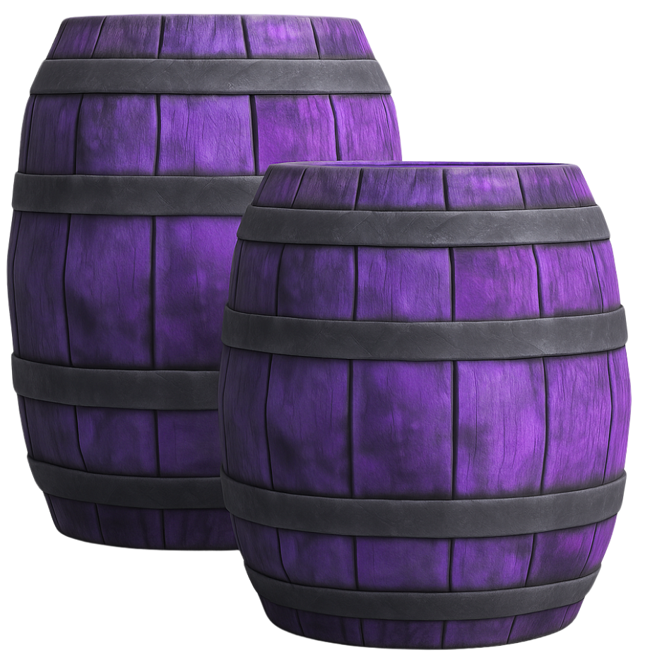 3D games prop modeling with realistic wooden barrels featuring purple wood planks, metal bands, and detailed texture for fantasy game environments