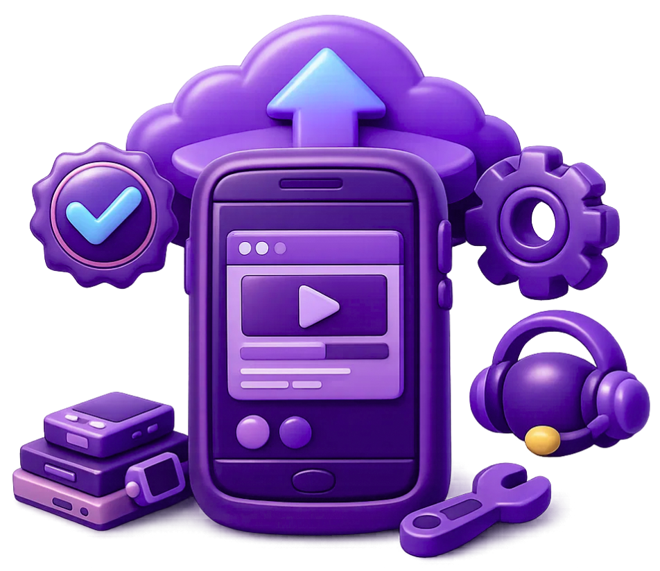 Augmented reality and virtual reality deployment showing cloud upload, quality assurance checkmark, settings configuration, audio integration, gaming devices, and controller support