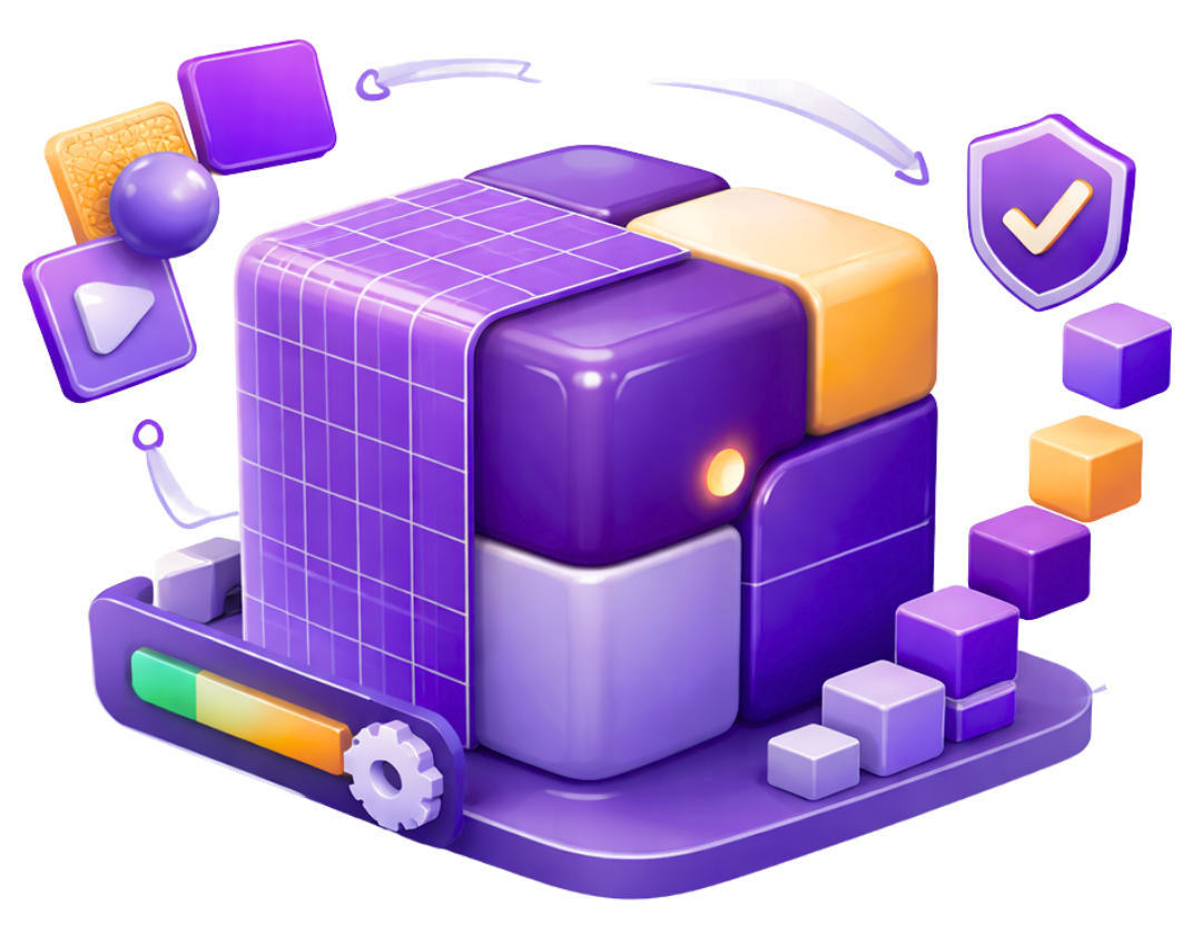 Augmented Reality 3D Asset Creation and Optimization 3D modeling workflow with geometric shapes and validation shield representing augmented reality asset creation and optimization