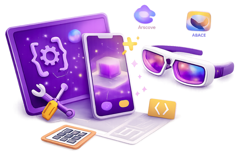 Augmented Reality App Development Custom Solutions Augmented reality app development with tablet, smartphone, AR glasses, development tools, and platform icons including ARCore and ABACE for custom AR solutions