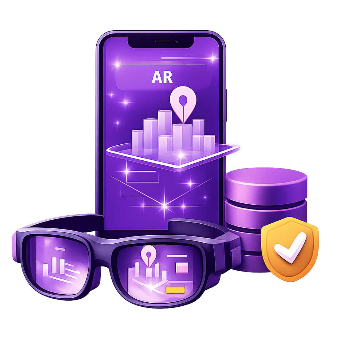 Augmented Reality Application Development Smartphone displaying augmented reality interface with AR glasses and floating 3D elements showing application development