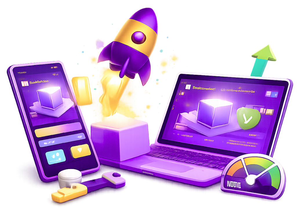 augmented-reality-content-optimization-performance-cross-platform Cross-platform augmented reality development showing mobile and laptop devices with 3D content rendering, rocket animation, and performance monitoring dashboard