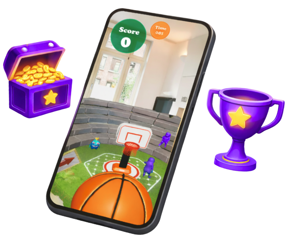 Augmented Reality Gamification and Interactive Gaming Experience Mobile phone displaying augmented reality basketball game overlaid on living room environment with score tracking, treasure chest rewards, and trophy achievements