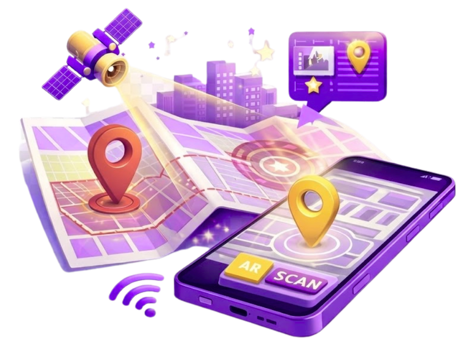 Augmented Reality Location Based GPS Navigation Augmented reality location-based AR with smartphone GPS navigation showing city map, satellite tracking, and location pins for spatial experiences