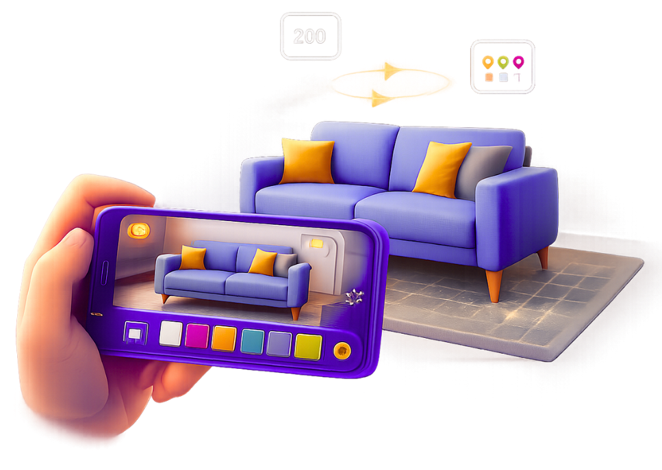 Augmented Reality Product Visualization Furniture Augmented reality product visualization with smartphone showing blue sofa furniture placement and color customization for retail AR experiences