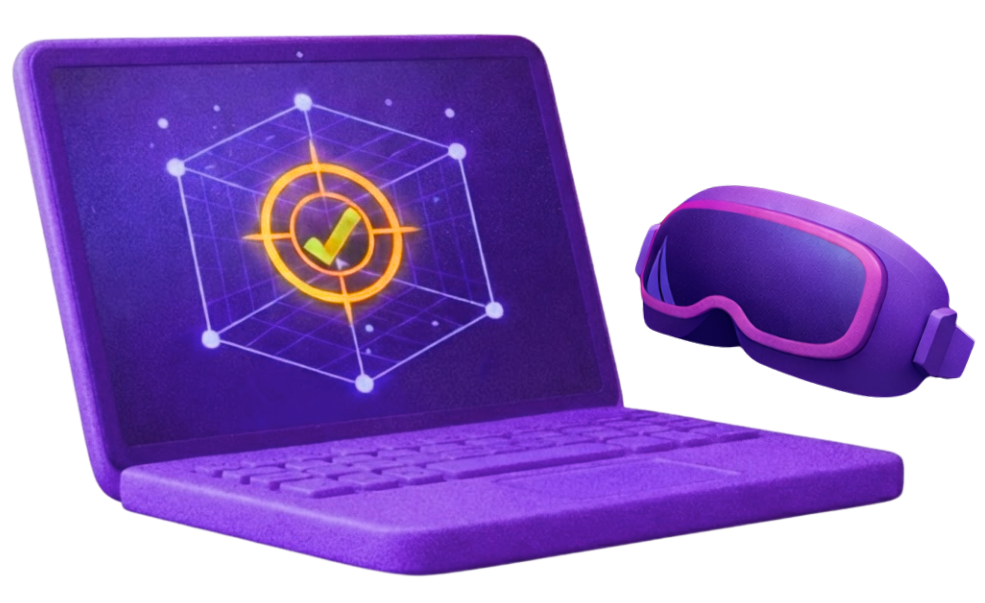 Augmented Reality Prototype Development Laptop displaying 3D wireframe geometry with VR headset for augmented reality prototype development
