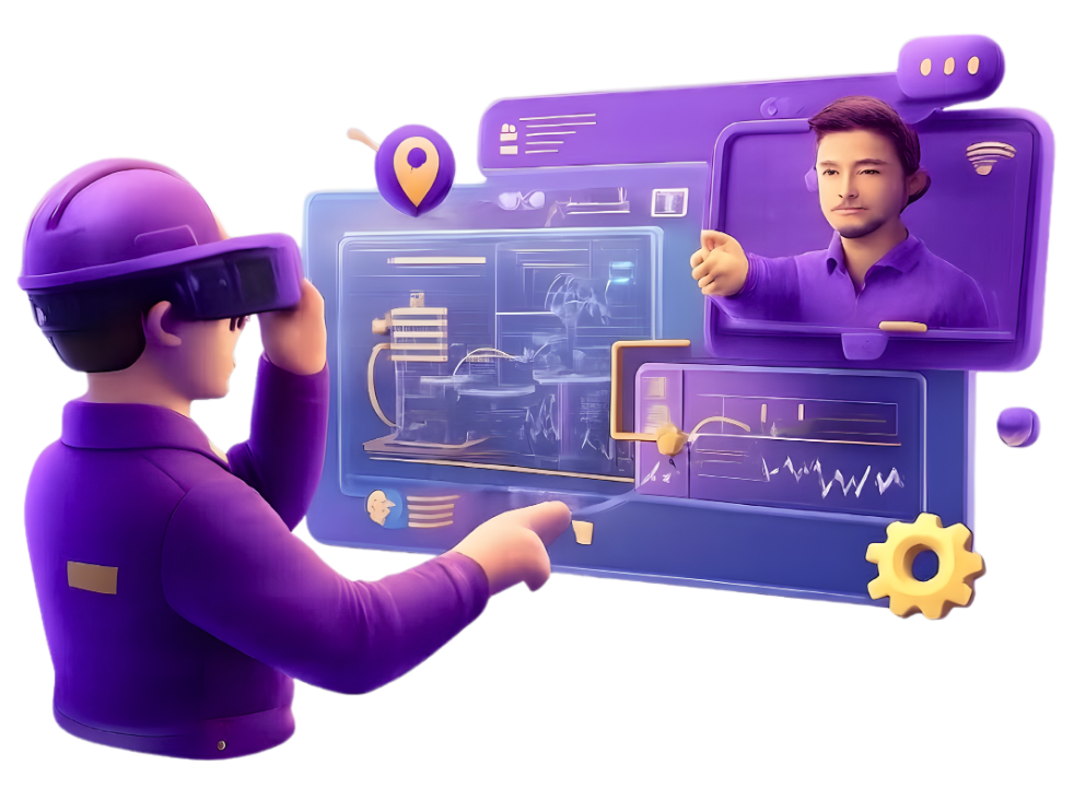 Augmented Reality Remote Assistance for Field Service Operations Field technician using augmented reality headset receiving remote guidance from expert through digital interface displaying technical data and schematics