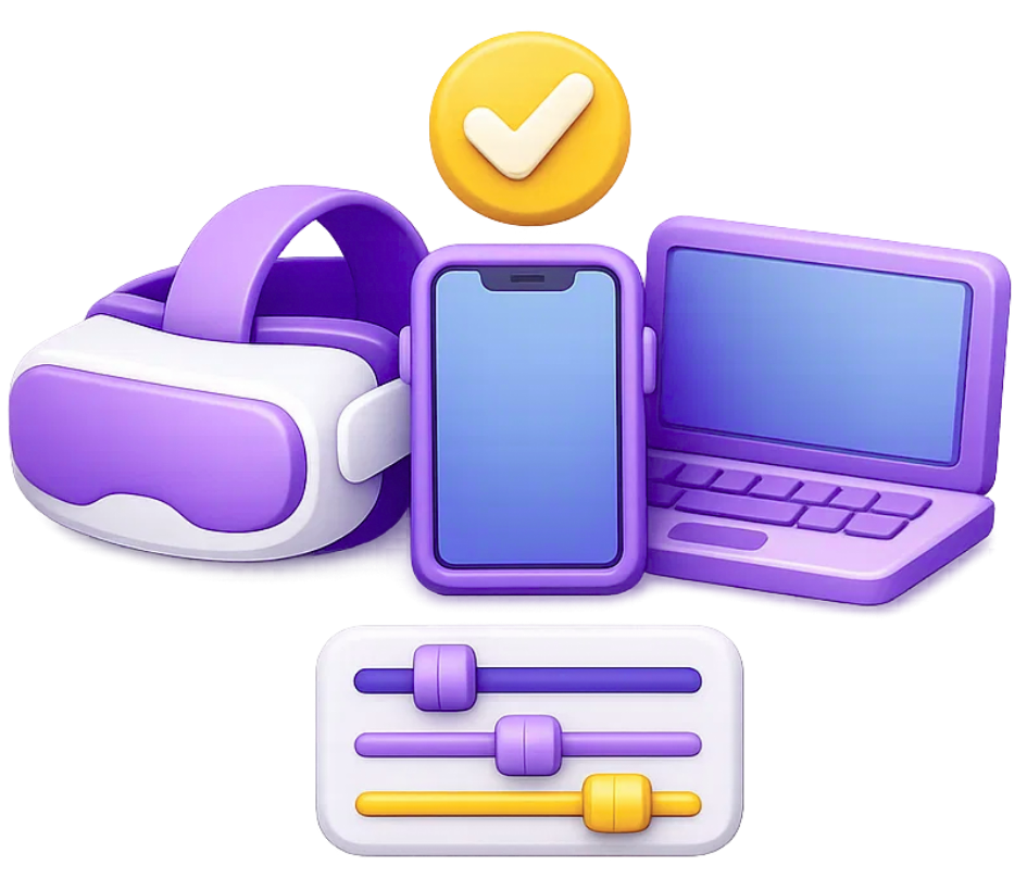 Extended Reality Cross-Device Testing and Optimization XR devices with testing settings across VR headset, smartphone, and laptop