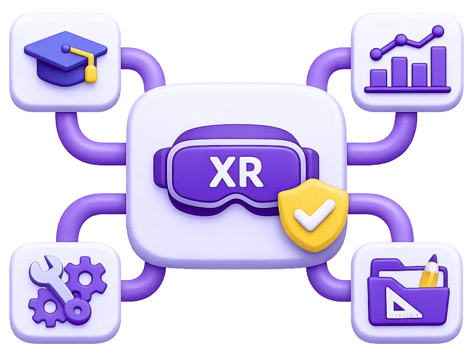 Extended Reality Enterprise XR Integration XR headset connected to enterprise systems including education, analytics, settings, and security