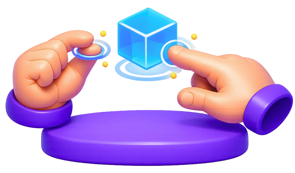 MR hand gesture controls manipulating 3D cube with touch points