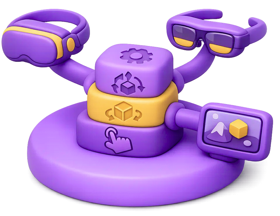 Unified XR Platform Development Layered extended reality platform architecture with VR headset, AR glasses, and development layers