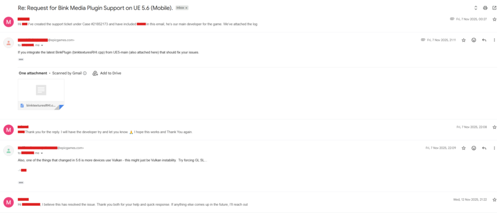 Email thread showing Unreal Engine 5.6 mobile development technical support for Bink Media Plugin compatibility issue