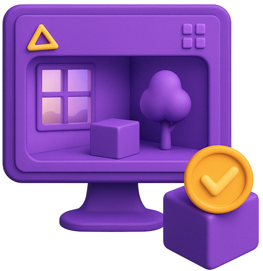 Virtual reality 3D environment production on monitor with checkmark
