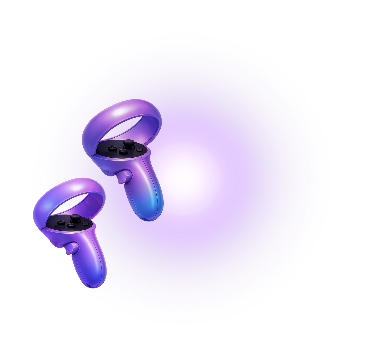 Pair of virtual reality hand controllers with joysticks and tracking buttons in purple and blue gradient finish
