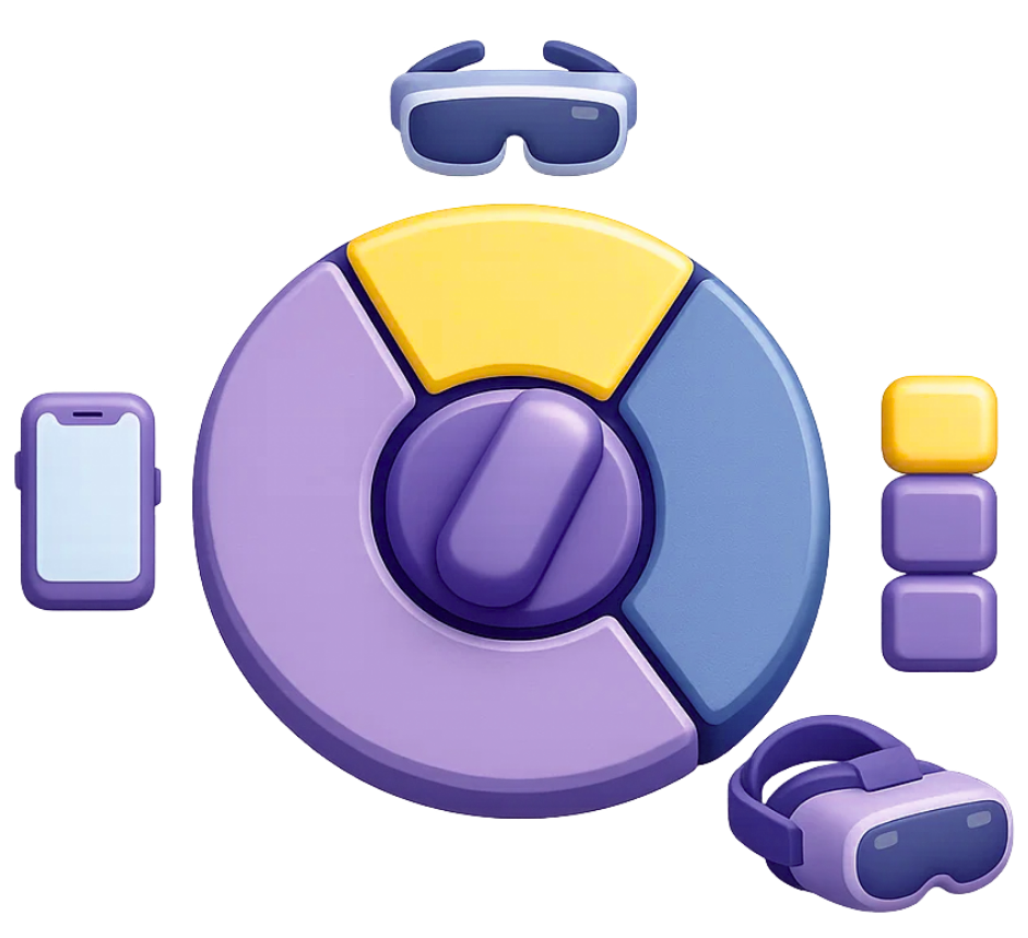 XR Adaptive Rendering and Performance Scaling Extended reality performance analytics with VR headsets, smartphone, and data visualization chart