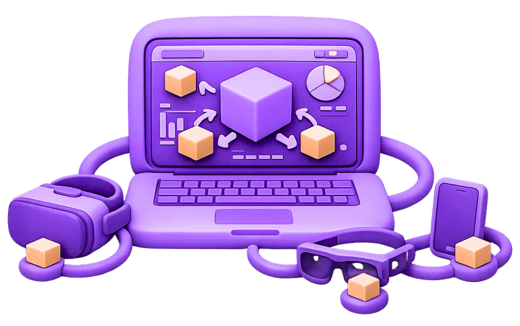XR Content Management Systems Laptop displaying extended reality content management with VR headset, AR glasses, and 3D assets