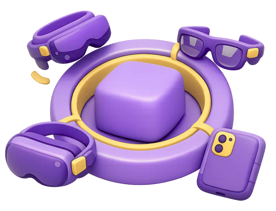 XR Platform Abstraction and Hardware Independence Extended reality devices connected to unified platform with VR headset, AR glasses, smartphone, and wearable