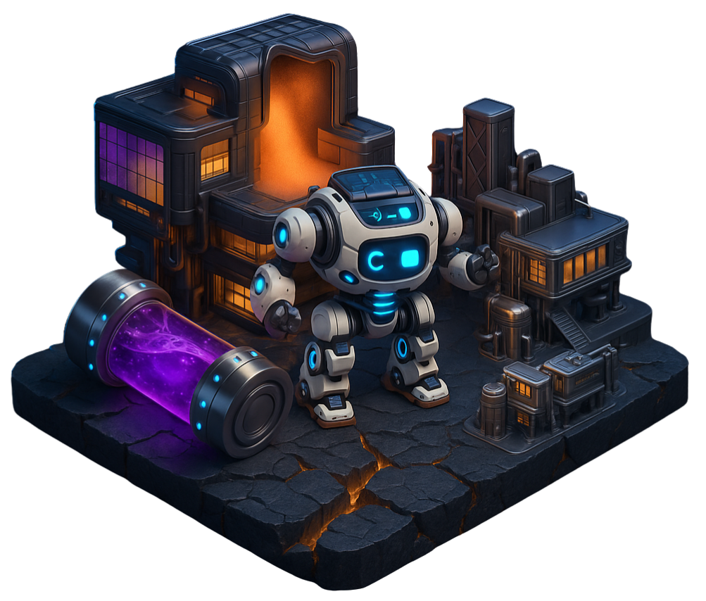 3D Design Game Worlds 3D game world design with a robot standing in a futuristic, post-apocalyptic space