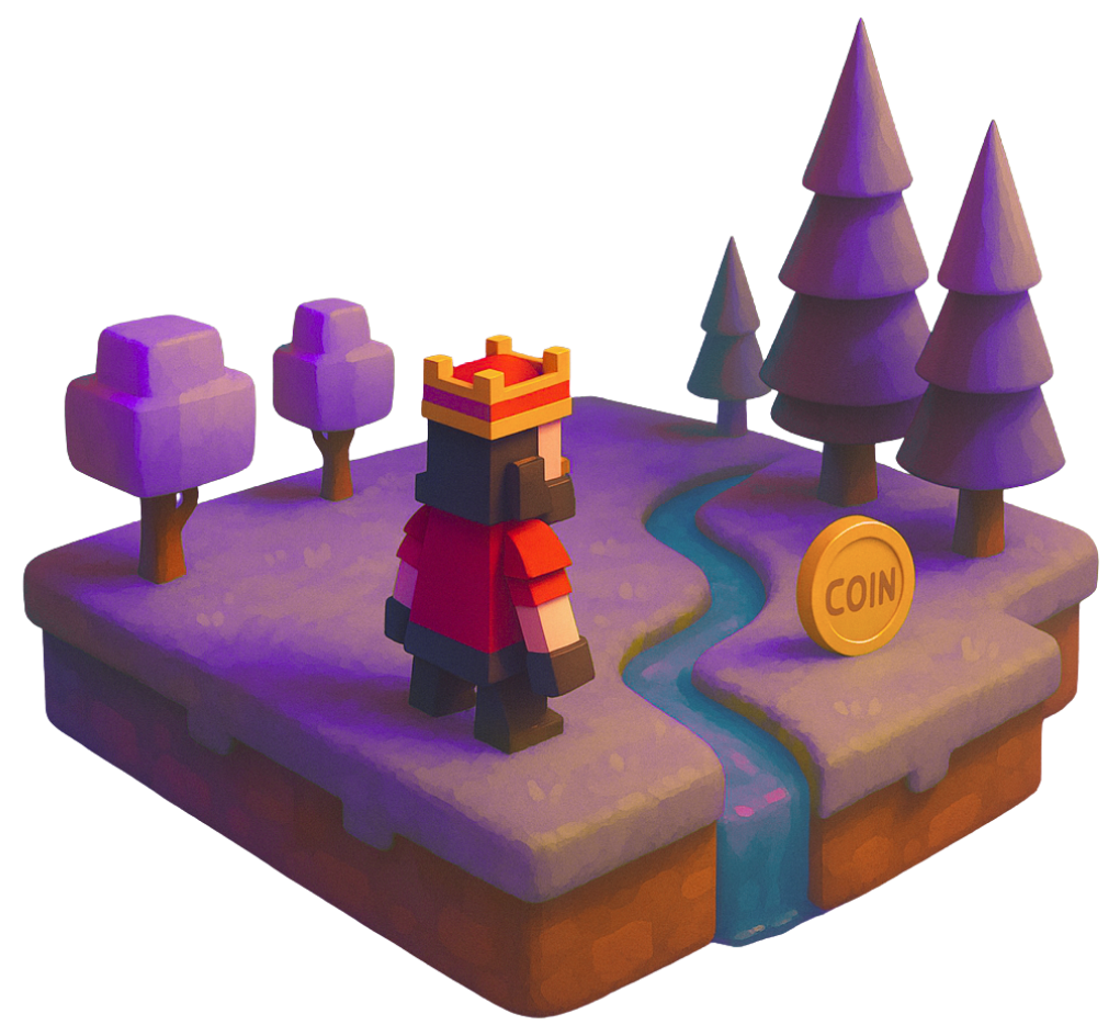 Concept art level design with low-poly character, trees, winding river, coin collectible, and castle tower