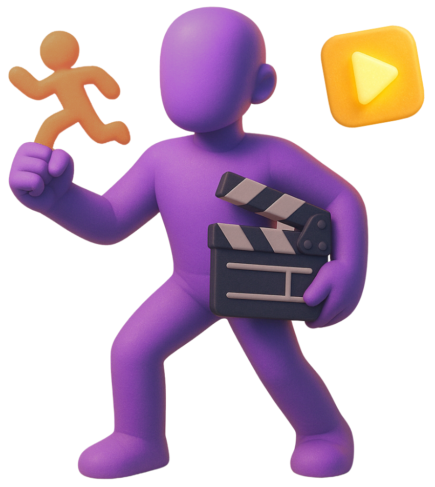 Game Art 3D Game Animations Game art 3D character animation with a purple character model holding a clapperboard and a play button icon