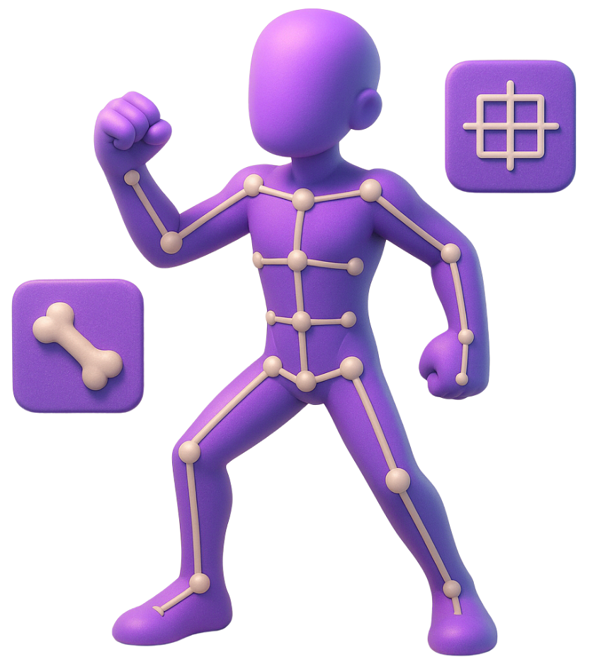 Game Art Character Rigging Game art character rigging showing skeletal systems enabling natural character movement