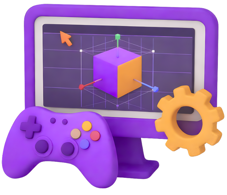Game Art Engine Integration Game art engine integration with laptop displaying 3D asset in game engine viewport, game controller, and settings gear icon