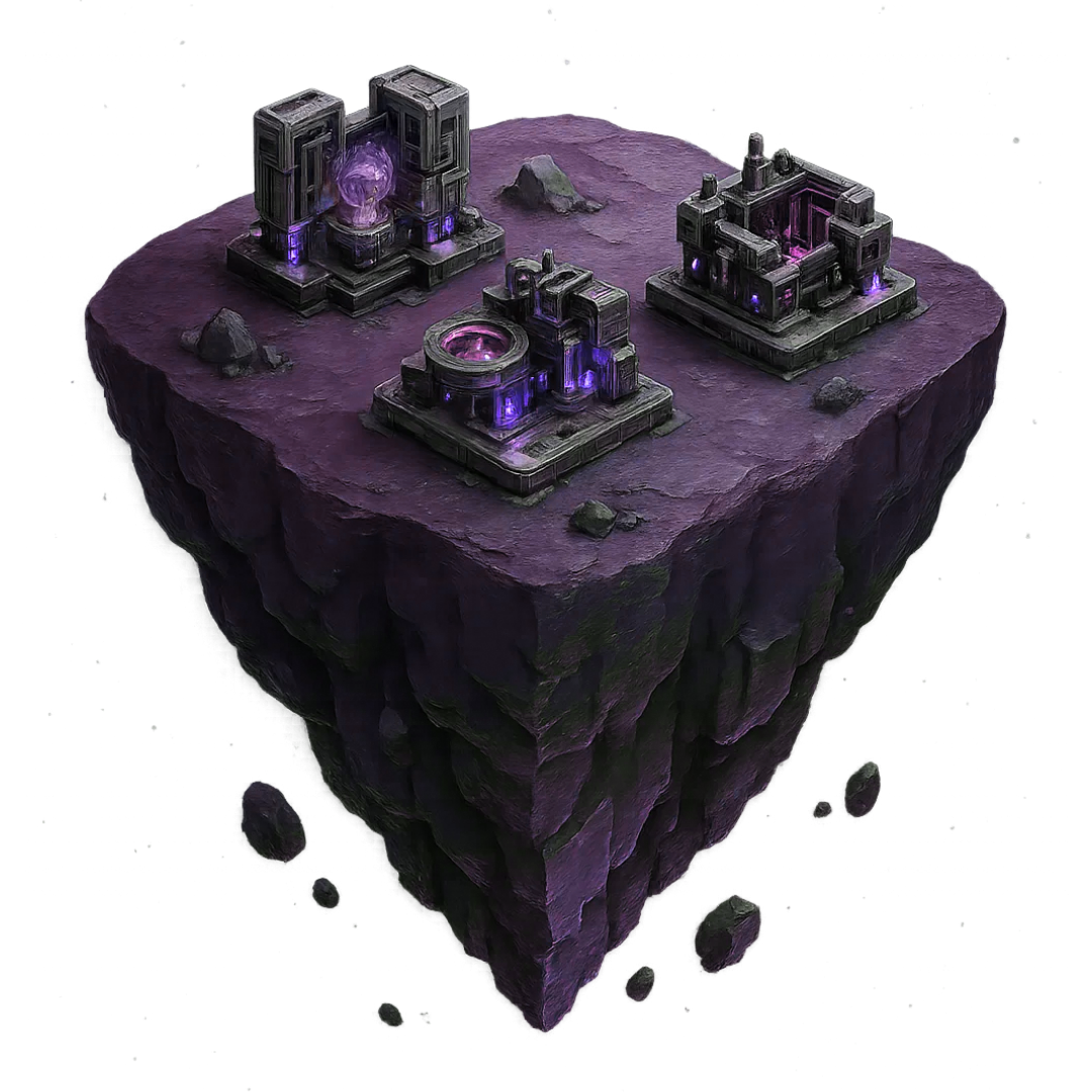Game Art Game Environment Design Game art services showing 3D game environment design featuring a floating island with futuristic sci-fi structures emitting purple energy, set against a starry space background with detailed terrain textures and atmospheric lighting