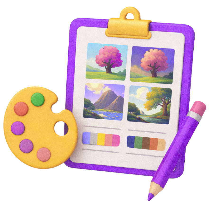 Game Art Services Art Direction and Style Selection Game art services art direction and style selection with a clipboard showing landscape concept art samples, color palettes, an artist palette, and a pencil