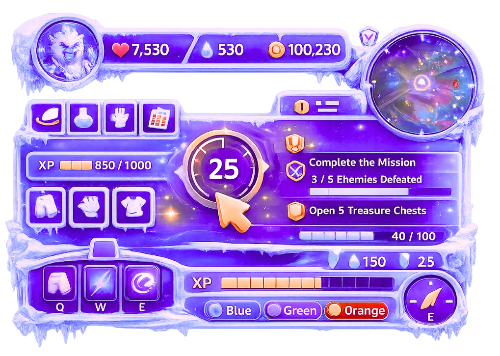 Game Art UI/UX Design Mobile game art and UI/UX design example featuring fantasy RPG interface with custom HUD design, mission tracking system, and character progression elements in purple ice theme