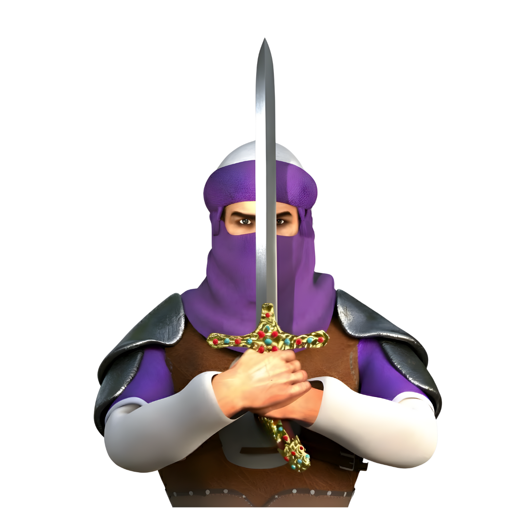 Game Artwork Game Character Design Game art services showing an Arabian game character with his face covered, shielded with armor and a sword