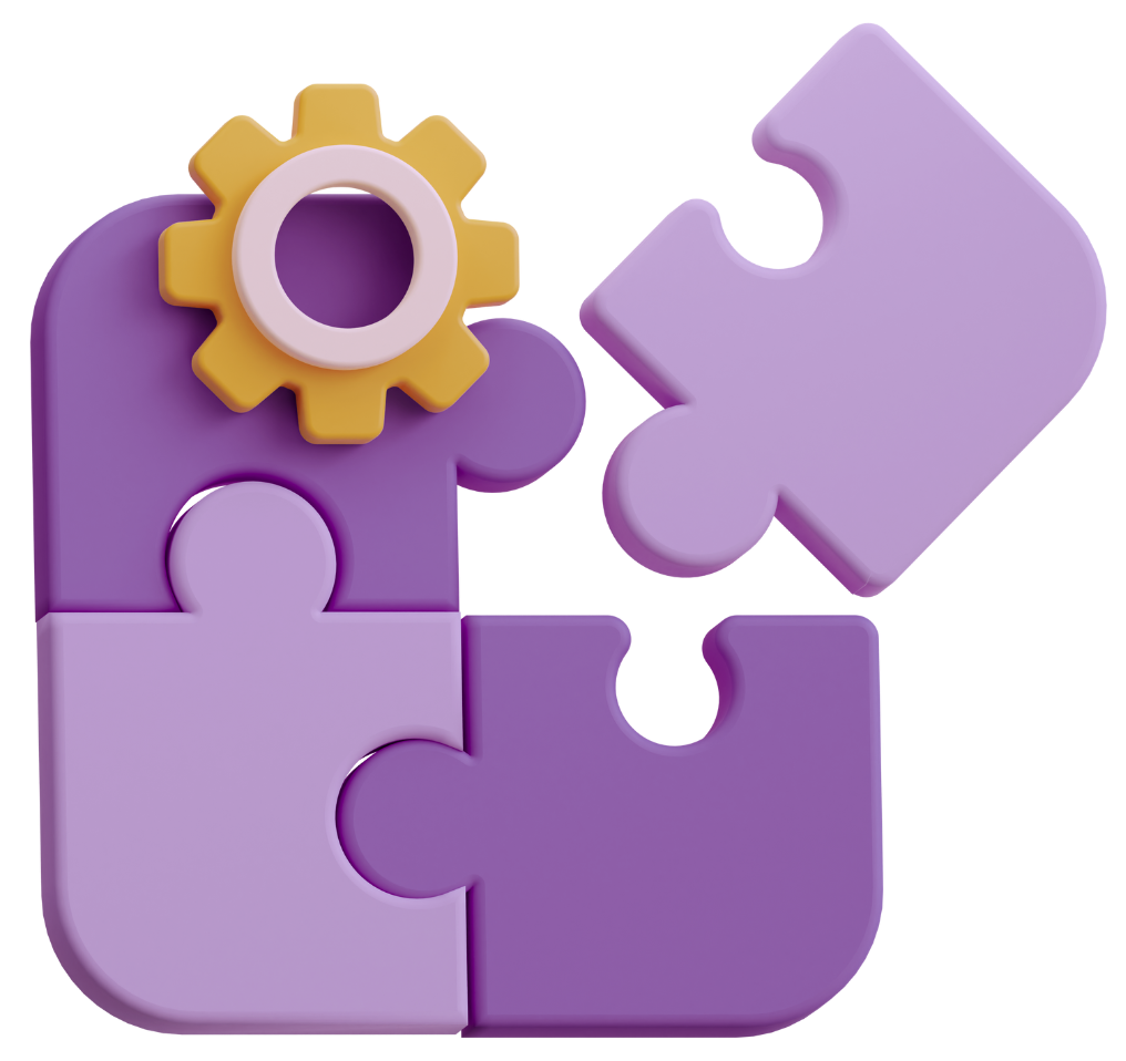 Game world environment assembly and polish concept with interlocking purple puzzle pieces and yellow settings gear