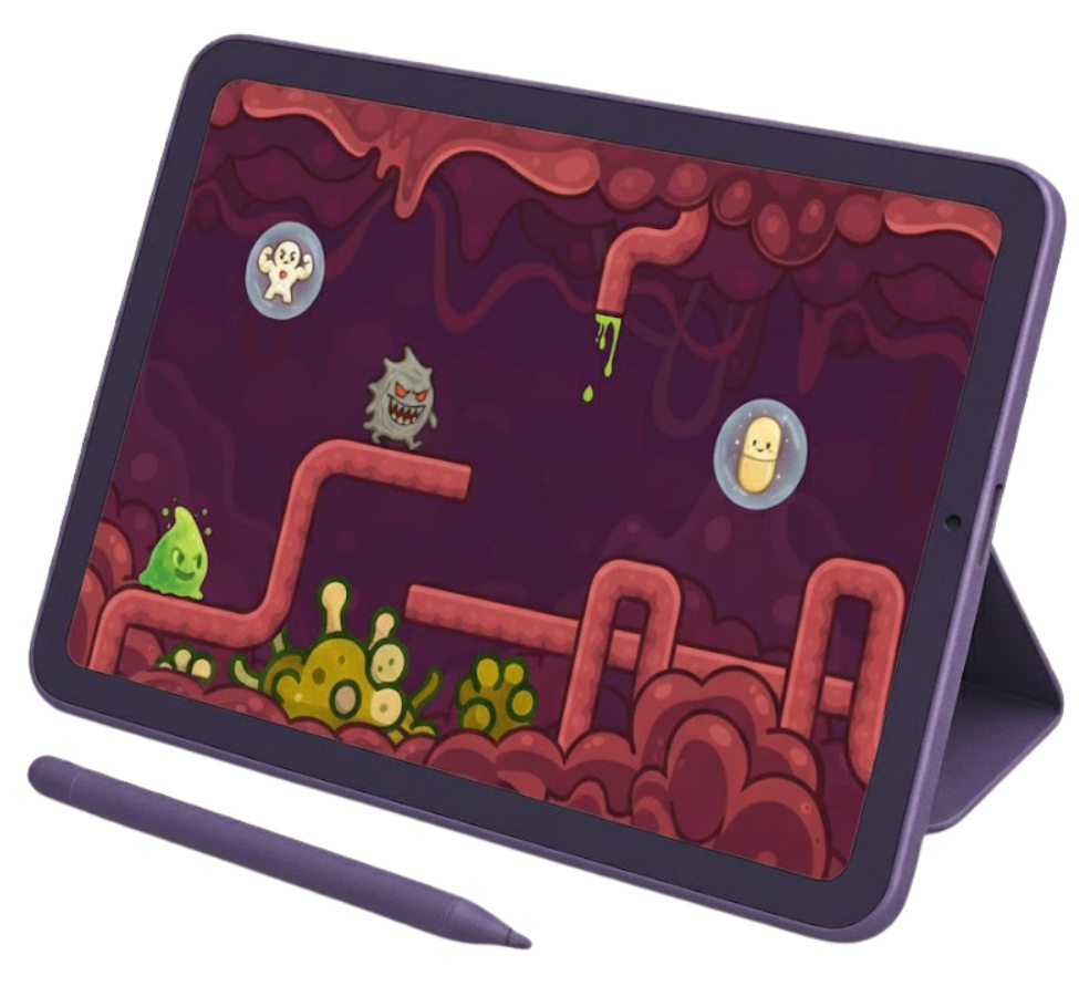 Tablet showing a 2D game world image of a human digestive tract for educational purposes
