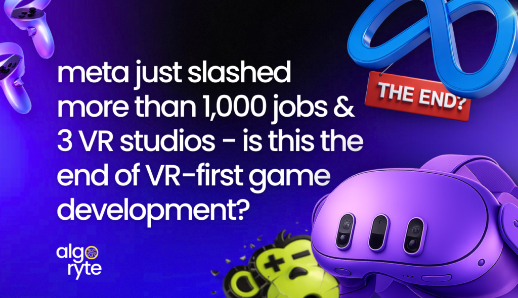 Meta Closing VR-First Game Studios Meta closing VR studios graphic with Meta Quest headset, controllers, and text asking if this is the end of VR-first game development after 1,000+ job cuts