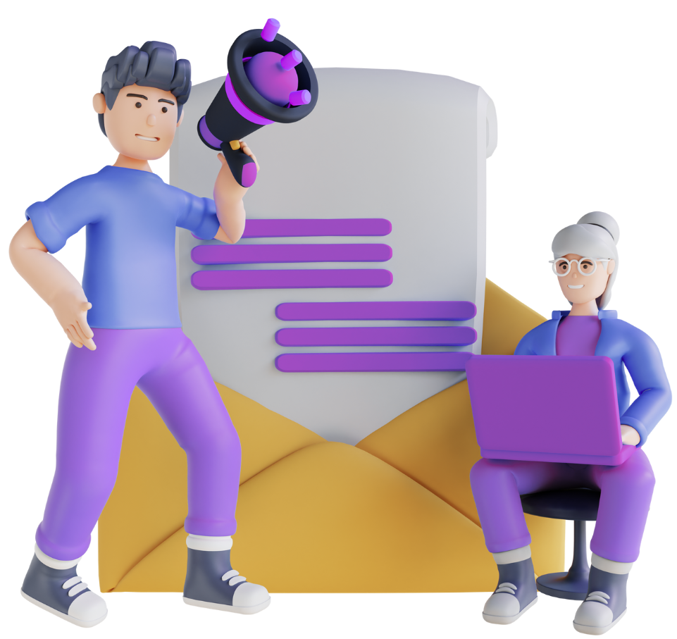 2D and 3D Animated Content for Marketing and Promotion 3D animated content marketing and promotion scene with characters and megaphone
