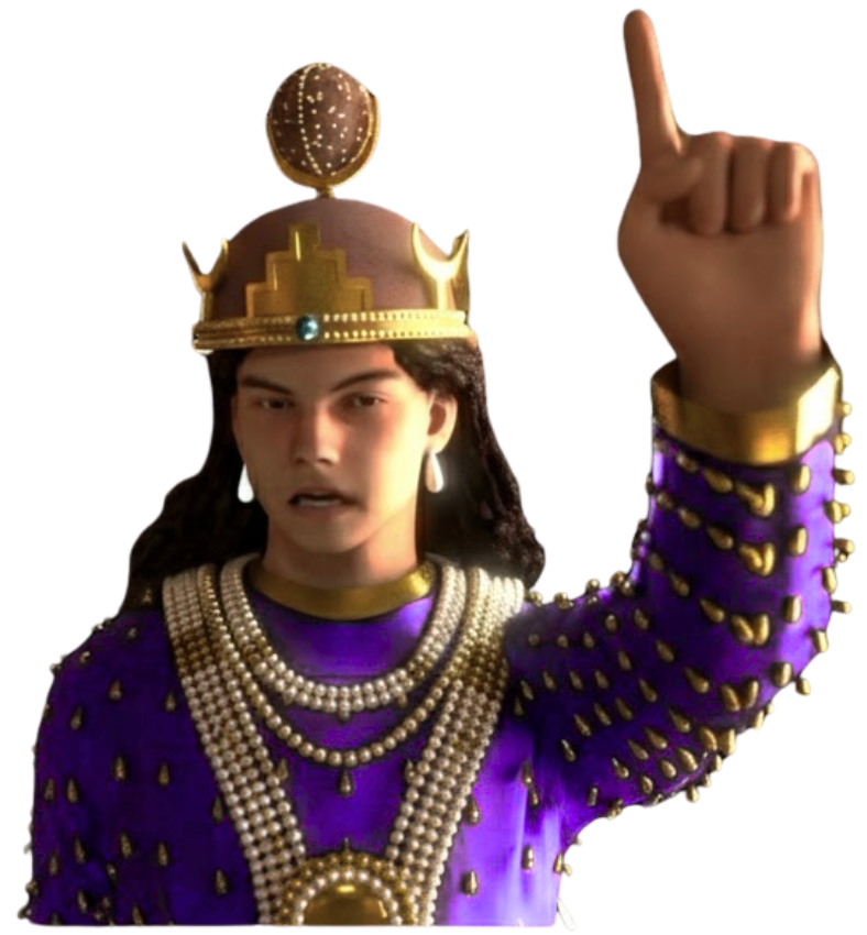 2D and 3D Character Animation 3D character animation of a crowned king game character pointing upward