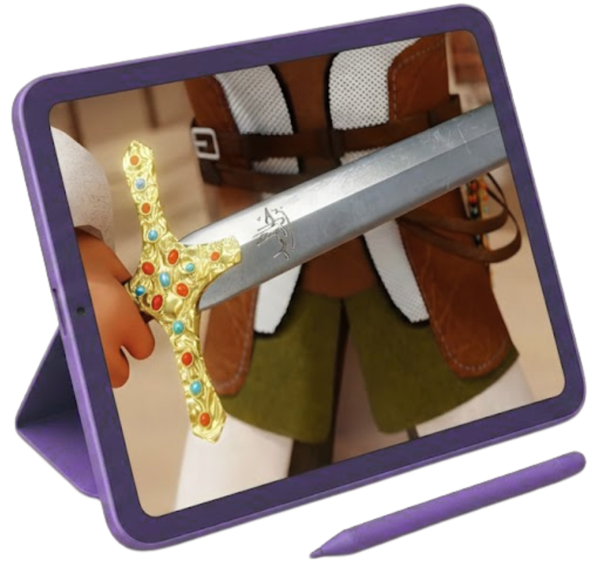 3D Animation Refinement and Polish 3D animation refinement polish showing augmented reality sword overlay on tablet