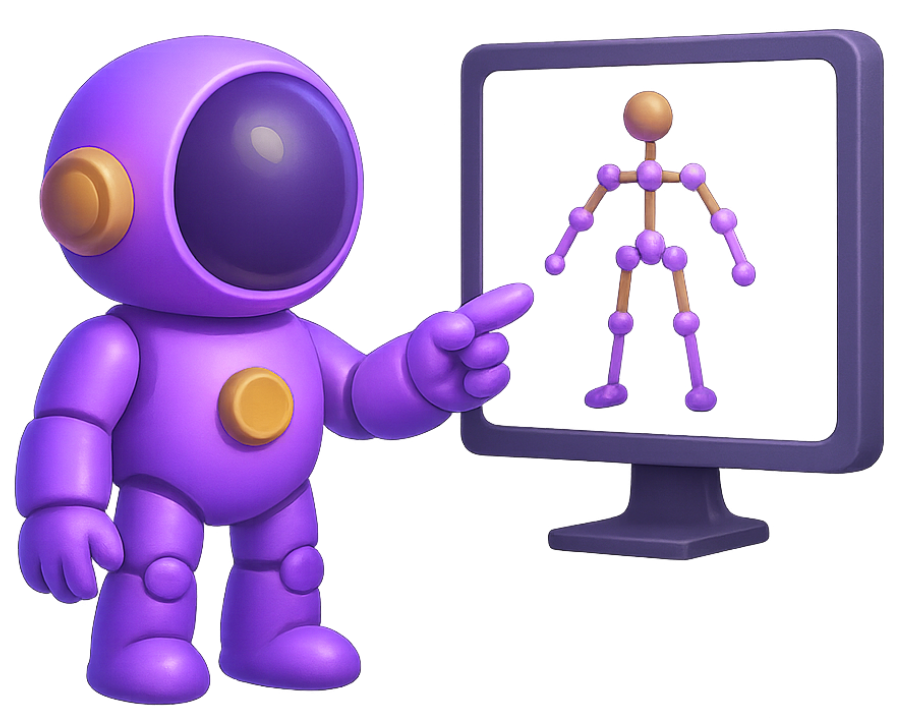 3D Animation Rig Evaluation and Technical Setup 3D animation character rigging with robot and skeletal structure on monitor