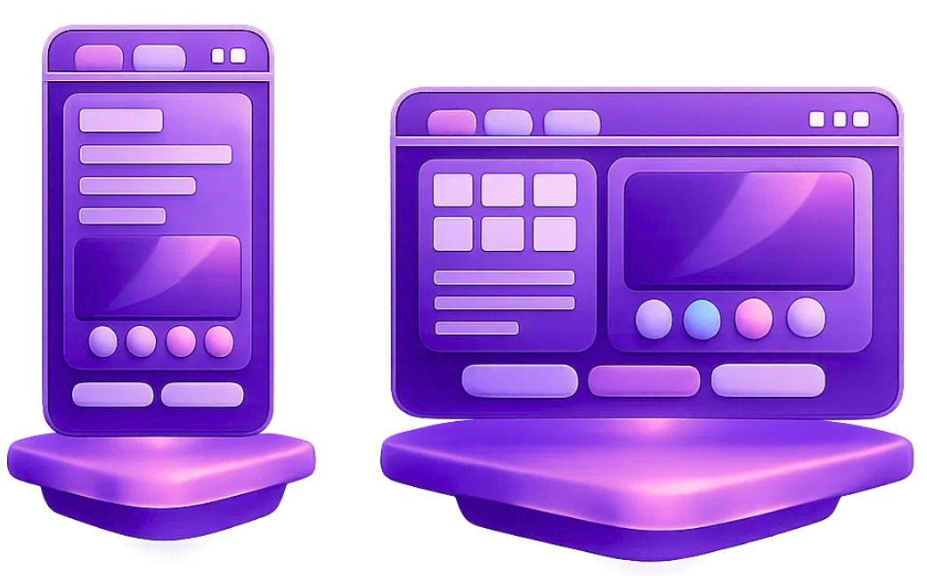 Two 3D purple UI mockups side by side showing mobile and desktop screen layouts, representing cross-platform UI/UX adaptation
