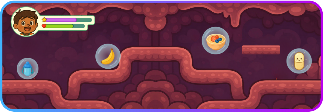 Bladder Defender, an educational game showing a confidence meter system in one of the level 03 scenes